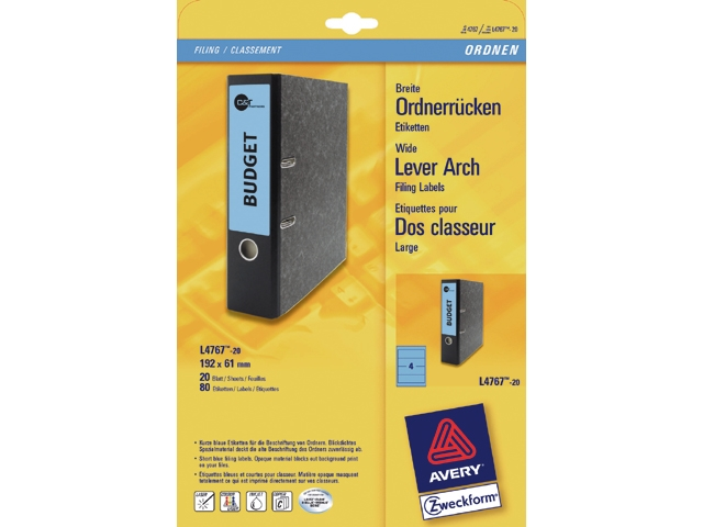 rugetiket avery l/i/k l4767 192x61mm blauw