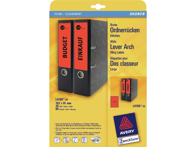 rugetiket avery l/i/k l4766 192x61mm rood