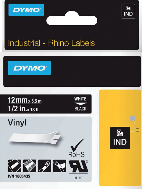 Labeltape Dymo Rhino industrieel vinyl 12mm