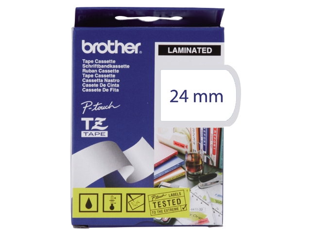 Lettertape tz253 24mm blauw op wit
